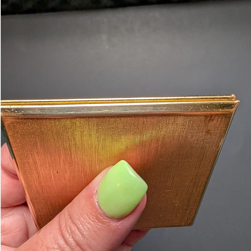 Vintage Gold Tone Cityscape w Moon Marquetry Resin Square Makeup Compact Mirror